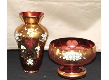 Pair Of Hand Painted Italian Cranberry Colored Glass Decorative Vessels