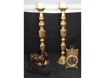 Pair Of Oversized Brass Candlesticks, Bronze Finish Metal Horse Sculpture & More