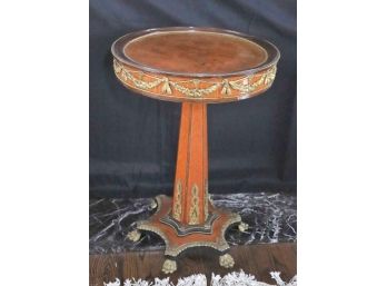 Classic Styled Ornate Round Pedestal Occasional Table With Heavy Brass Details