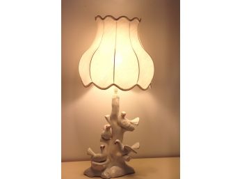 Unique White Ceramic Morning Dove Figurine Table Lamp With Ornate Cloth Shade
