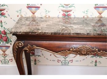 Ornate French Style Console Table With Gold Painted Trim & Removable Brown Marble Top