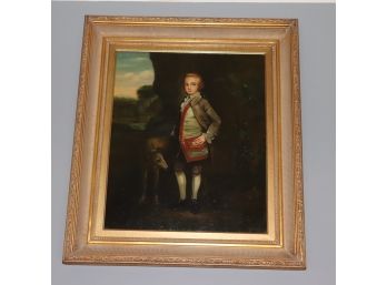 Signed Antique Oil Painting Of Young Man & Dog In Ornate Gold Frame