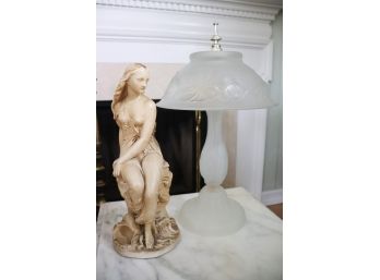 Frosted Glass Table Lamp & Hand Painted Ceramic Figurine