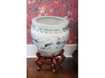 Vintage Asian Inspired Painted Planter With Carved Wood Stand