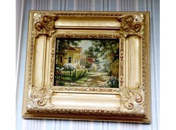Vintage Unsigned Coastal Painting On Wood Board In Ornate Gilded Wood Frame