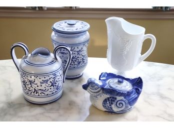 3 Pieces Of Blue & White Italian Ceramic Pottery & White Milk Glass Pitcher