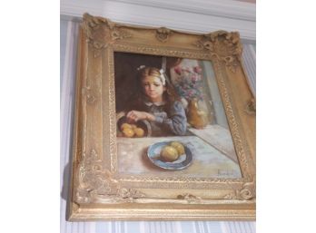 Signed Portrait Of Young Girl At Table On Canvas In Antiqued Carved Frame