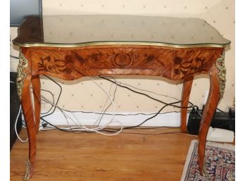 Vintage Italian Marquetry Inlay Desk With Brass Hardware & Glass Top Surface
