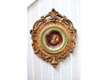 Fine Porcelain Plate In Ornate Carved Wood Frame