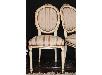 Pair Of Louis XVI French Style Occasional Chairs With Ornate Striped Embroidered Upholstery