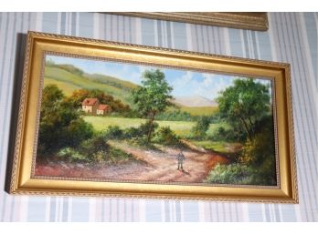 Signed Picturesque Pastoral Countryside Painting In Gold Frame