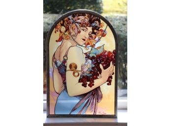 Vintage Mucha Reproduction Glass Hanging Panel By Glassmasters - USA