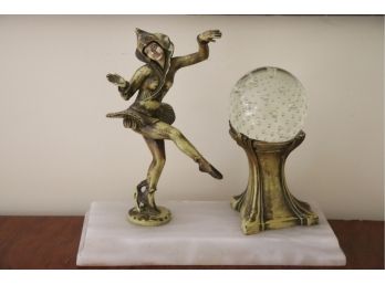 Marble & Cast Metal Figurine Table Lamp With Crystal Orb & Colored Light
