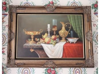 Signed Still-Life Oil On Canvas Painting In Antiqued Ornate Gilded Frame