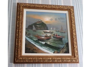 Signed Mediterranean Coastal Oil On Canvas Painting In Ornate Gilded & Carved Wood Frame