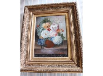 Antiqued Style Painting Of Floral Arrangement In Ornate Gold Frame
