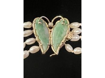 14k YG Beautiful Butterfly Clasp Of Jade Wings On 16' Four Strand Freshwater Pearl Necklace
