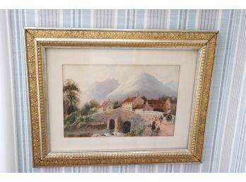 Vintage Framed Watercolor Of European Countryside In Silvered & Gilded Finish Frame