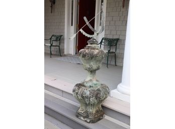 Vintage Verdigris Finish Ornate Cast Iron Lawn Ornament With Sun Dial