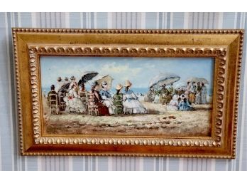 Unsigned Oil On Board Of Victorian Ladies At The Beach In Gold Painted Frame