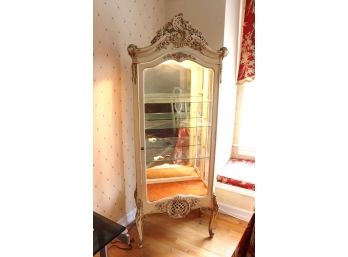 French Style Louis XVI Display Cabinet With Ornate Carvings, Light & Glass Shelves