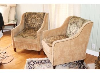 Pair Of English Sweep Arm Upholstered Chairs In Velvet & Embroidery