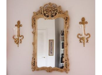 Antique Ornate Carved Wood Decorative Wall Mirror With Pair Of Brass Finished Sconces