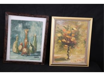 Pair Of Signed Original Still-Life Paintings On Board In Simple Frames