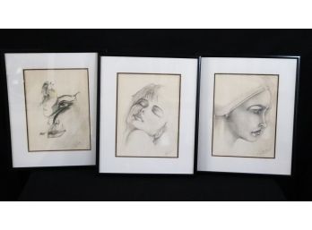 3 Professionally Framed Original Signed Portrait Pencil Drawings By Artist