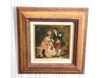 Antique Style Painting Of French Couple In Faux Finished Wood Frame