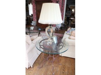 Vintage Wrought Iron Base Side Table With Glass Top & Faux Finished Ceramic Table Lamp