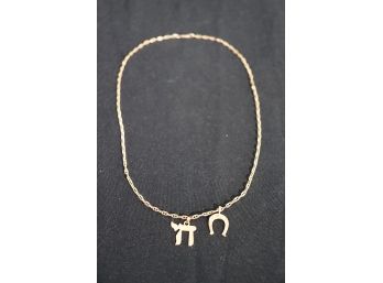14K Gold Link Necklace With Horseshoe & Chai Charms  20 Inches Long, Approx 8.0 DWT