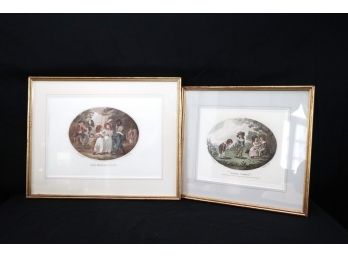 Pair Of Timeless Colorful Oval Prints Of Children Playing In Antiqued Gilded Frames