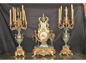 3-piece French Style Reproduction Garnitures In Bronze/Brass & Green Marble