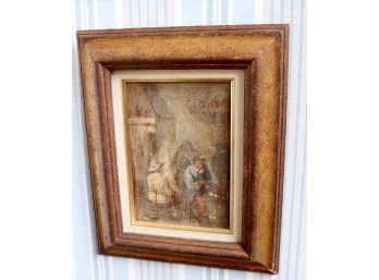 Antiqued Painting On Board With Rustic Style Frame With Linen Mat