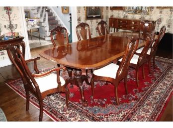 Amazing Traditional Banded Mahogany Double Pedestal Base Dining Table With 8 Chairs