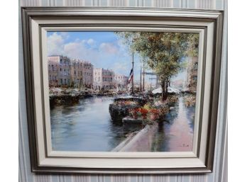 Vintage Painting On Canvas Of French Port  Signed Luis Sarto