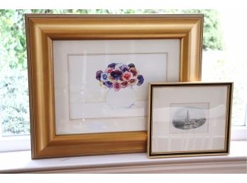 A Pair Of Vintage Framed Prints  Edinburgh And Pansy Bouquet In Watercolor