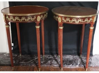Pair Of Reproduction Ornate Round Side Tables With Brass & Inlay Details And Glass Top