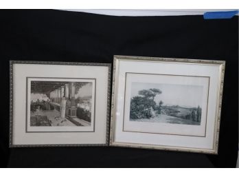 Pair Of Classic Black & White Prints In Antiqued Silver Frames
