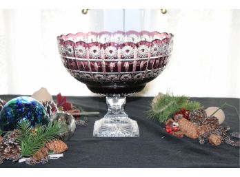 Fabulous Bohemian Cut Crystal Footed Centerpiece Bowl In Eggplant & Clear Glass