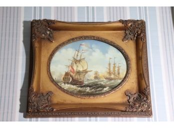 The Sailing Seas - Vintage Painting On Board With Ornate Antiqued Frame
