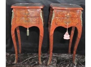 Pair Of Fabulous Antique Style Marquetry Inlay Veneer Side Tables With 2 Drawers