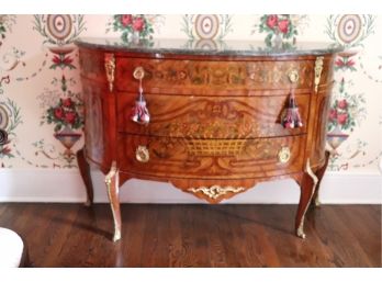 Vintage French Style Demilune Console Cabinet With Intricate & Colorful Inlay