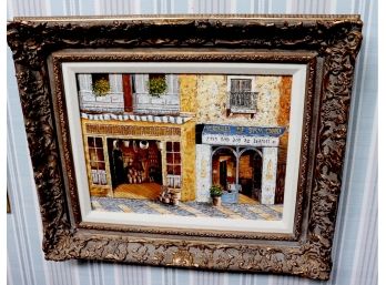 Vintage Oil On Canvas Of Parisian Street In Ornate Gilded Carved Frame
