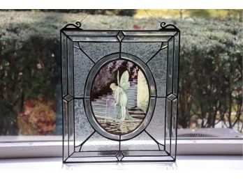 Fabulous Vintage Stain Glass Hanging Panel With Garden Nymph By Glassmasters - USA