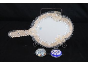 Antique Style Venetian Glass Hand Mirror Frame & Pair Of Murano Glass Paperweights