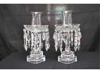 Pair Of Vintage Crystal Etched Hurricane Lusters Dripping With Crystals