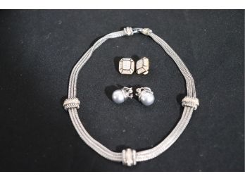Womens David Yurman Style Necklace, Swarovski Clip-on Earrings & Pearl Earrings