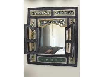 Unique Distressed Carved Wood Mirror With Shutters
